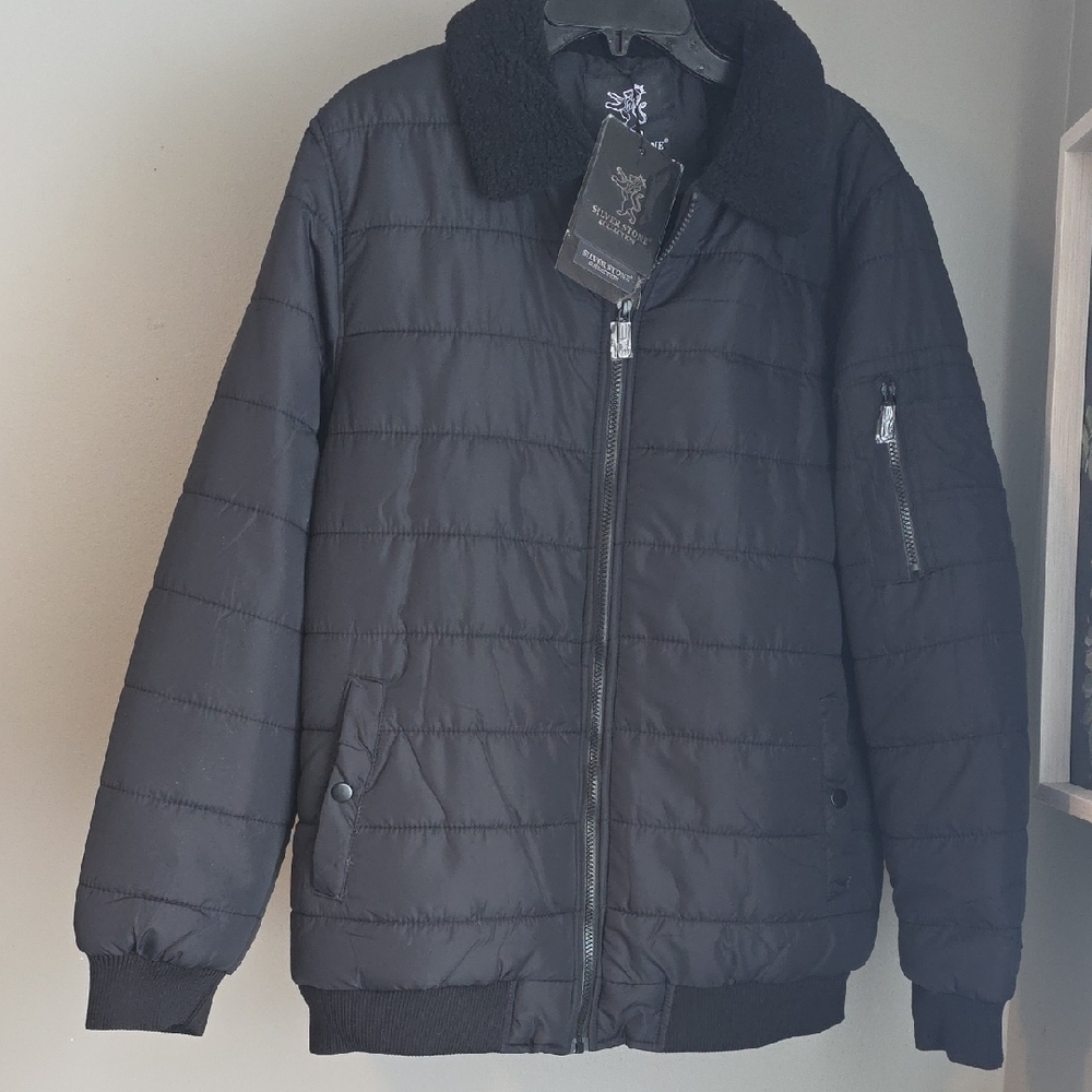 Men's Black Silver Stone Puffer Jacket with Fleece Collar Size Large NWT
